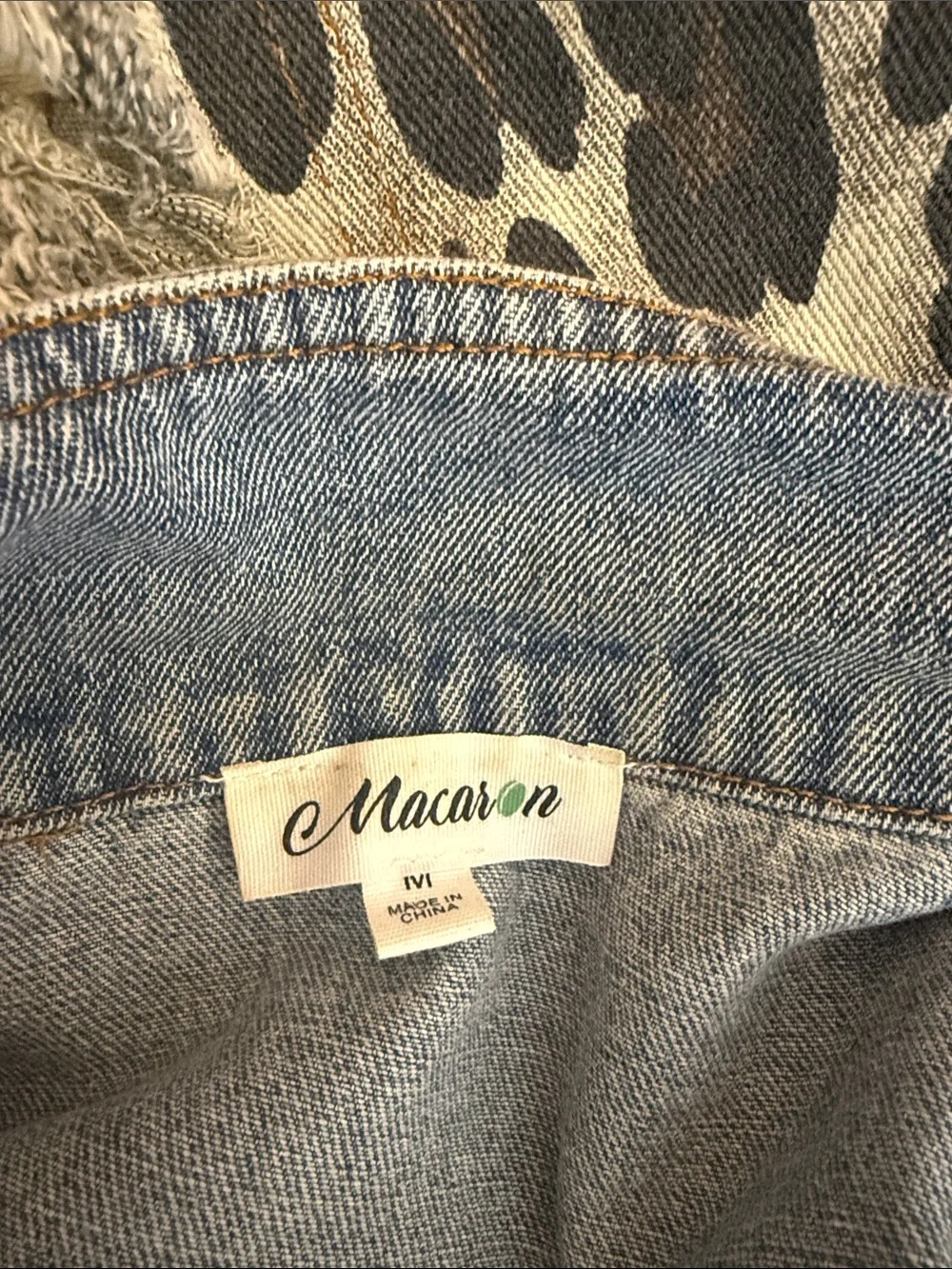 MACARON Light Blue Distressed Denim Jacket with Leopard-Print Sleeves